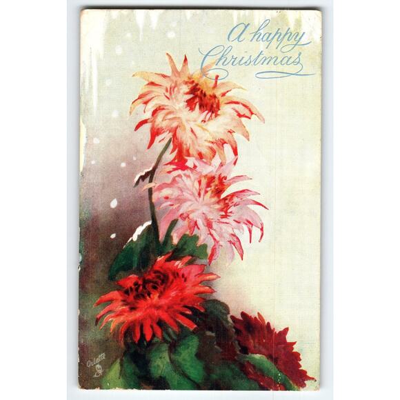 Vintage Tuck's Christmas Postcard Red & White Flowers 'A Happy Christmas' 8454 - Picture 1 of 2